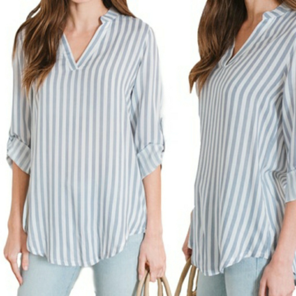 Women's Printed Notch-Neck Roll Tab Blouse.
